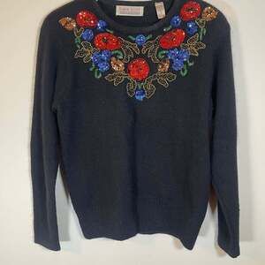 Karen Scott II Vintage Bling Sweater Size Med Silk Angora Blend Sequin Floral